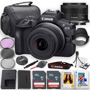 Canon EOS R100 Mirrorless Camera with 18-45mm is STM Lens + 2pc 64GB Memory Cards + Photo and Video Editing Software, Case, Filters & More, Black (Renewed)