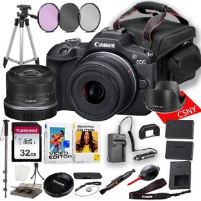 Canon EOS R100 Mirrorless Camera with 18-45mm Lens + 32 GB Memory + Hood + Monopod + Filters + Tripod + More (24pc Bundle) (Renewed)