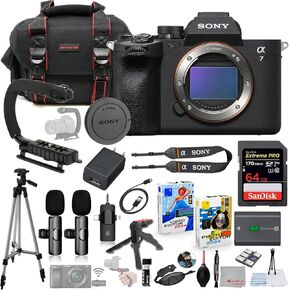 Sony a7 IV Mirrorless Camera Bundle + Wireless Microphone System + Accessory Package Including 64GB Extreme Memory, U-Grip, Case, Tripod, Software and More (25 Items)