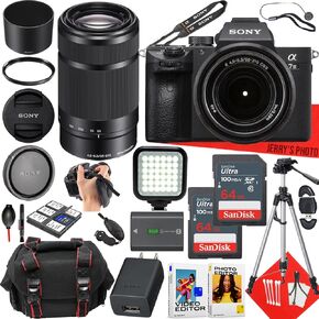 كاميرا Sony A7 III بدون مرآة مع Sony E 55-210mm F/4.5-6.3 OSS Lens + 2PC 64 GB Memory + LED Case + Camera Case + Tripod + المزيد (حزمة 27pc) (متجددة)