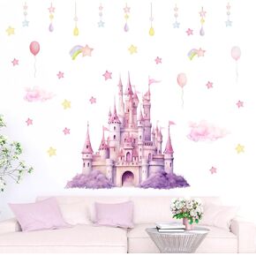 2 Sheets Princess Wall Decals, Pink Purple Princess Wall Stickers for Girls Room Large Peel and Stick Castle Mural Art Fairy Tale Stars Clouds Removable Wallpaper for Kids Nursery Bedroom