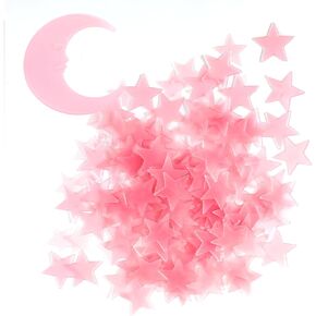 101 Pcs Glow in The Dark Stars, 3D PET Glowing Stars Moon Wall Decals Wall Stickers Luminous Fluorescent Ceiling Decor Room Decorations Christmas Stocking Stuffer for Kids Room Ceiling (Pink)