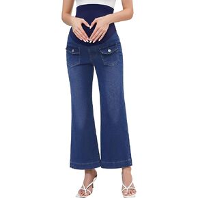 POSHGLAM Women's Maternity Jeans Wide Leg Loose Stretchy 27'' Cropped Denim Pregnancy Pants with 4 Pockets