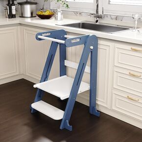Kids Kitchen Step Stool, Folding Toddler Tower, Height Adjustable Toddler Tower with Safty Rail and Anti-Slip Device, Wooden Kitchen Helper for 1.5-6 Years (Wood Original Color)