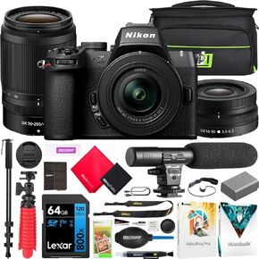 Nikon Z50II Mirrorless Camera 4K DX Body with 2 Lens Kit 16-50mm + 50-250mm VR 1788 Content Creator Bundle with Deco Gear Photography Bag + Microphone + Monopod + 64GB Card + Software & Accessories