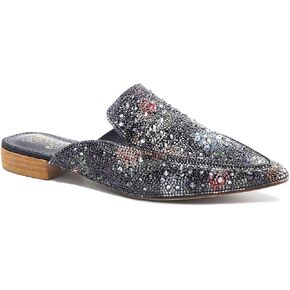 Women's Rhinestone Slip-On Mules Flat Mules Buckle Pointed Toe Backless Slip on Slides Loafer Shoes