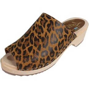Berit Classic Swedish Clog with Open Toe for Women I Peep Toe Mules Handcrafted in Sweden with Alder Wood Base and Genuine Leather in Leopard Print