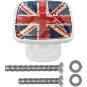 4 Pieces Vintage Union Jack British Pulls and Handles Knobs for Cabinet Dresser and Drawer, Square Decorative Crystal Knobs for Closets Nursery Home Bedroom Bathroom