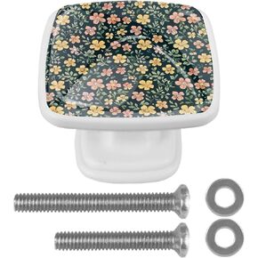 4 Pieces Vintage Pink Yellow Florals Cabinet Knobs Pulls Handle for Dresser Drawer, 30mm Square Pulls and Knobs for Kitchen Closets Nursery