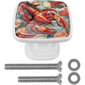 4 Pieces Seafood Lobster Crayfish Crab Cabinet Knobs Pulls Handle for Dresser Drawer, 1.18 in Square Pulls and Knobs for Kitchen Closets Nursery