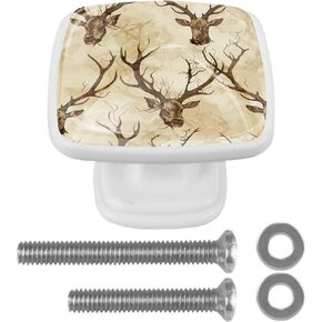 4 Pieces Vintage Brown Elk Antler Cabinet Knobs Pulls Handle for Dresser Drawer, 1.18 in Square Pulls and Knobs for Kitchen Closets Nursery