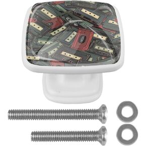 4 Pieces Vintage Cassette Tape Print Pulls and Handles Knobs for Cabinet Dresser and Drawer, Square Decorative Crystal Knobs for Closets Nursery Home Bedroom Bathroom
