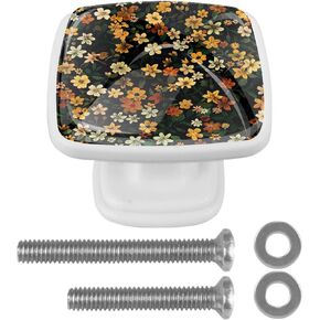 4 Pieces Art Vintage Little Florals Cabinet Knobs Pulls Handle for Dresser Drawer, 1.18 in Square Pulls and Knobs for Kitchen Closets Nursery