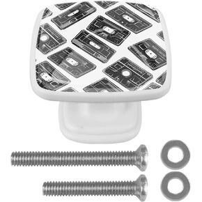 4 Pieces Seamless Cassette Tape Print Cabinet Knobs Pulls Handle for Dresser Drawer, 30mm Square Pulls and Knobs for Kitchen Closets Nursery