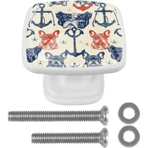 4 Pieces Cute Bulldog with Anchors Cabinet Knobs Pulls Handle for Dresser Drawer, 1.18 in Square Pulls and Knobs for Kitchen Closets Nursery