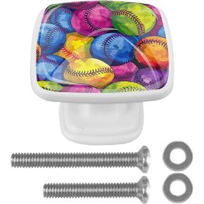 4 Pieces Art Multicolor Softballs Cabinet Knobs Pulls Handle for Dresser Drawer, 1.18 in Square Pulls and Knobs for Kitchen Closets Nursery