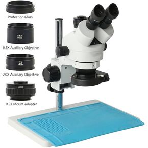 Microscope Camera 7-45X Continuous Zoom Trinocular Stereo Microscope 0.5X/1X/2X Auxiliary Objective Lens 144 LED Ring Light for PCB Board CPU Repair Soldering (Color : LED Size : Black)