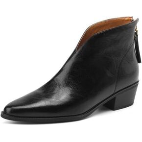 TinaCus Women's Handmade Genuine Leather V-Cut Pointed Toe Stacked Heel Ankle Boots