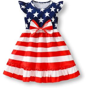 Girls 4th of July Dress Toddler Patriotic American Flag Outfit with Flutter Sleeves Red White Blue Skirt