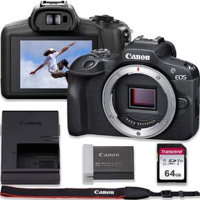 Canon EOS R100 4K Video Recording Mirrorless Camera (Body) with 64GB Fast Transcend Memory Card, Black (Renewed)
