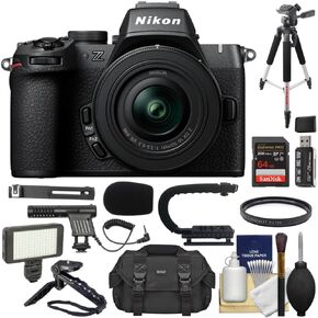 Nikon Z50 II Mirrorless Camera with 16-50mm & 50-250mm Lenses Bundle with 64GB Card + Tripod + Hand Grip + 2 Filters + Video Light + Cleaning Kit + Card Reader + Microphone + Camera Bag (12 Items)