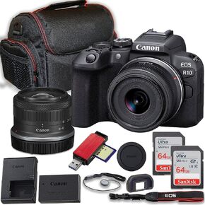 Canon EOS R10 Camera بدون مرآة مع Canon RF-S 18-45mm f/4.5-6.3 هي عدسة STM + 2x 64 جيجابايت من بطاقات الذاكرة + الملحقات بما في ذلك: CASE ، قارئ البطاقات والمزيد (متجدد)