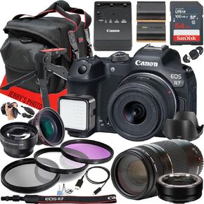 Canon EOS R7 Mirrorless Camera with RF-S 18-45mm f/4.5-6.3 is STM and EF 75-300mm f/4-5.6 III Lens + 64 GB Memory + EF - EOS R Mount Adapter + LED Light + More (29pc Bundle) (Renewed)