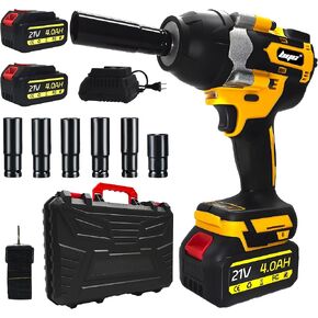 Cordless 1/2 Inch Impact Wrench,1000 N.m(740 Ft-lbs) Brushless High Torque Electric Impact Gun, 3300RPM Power Impact Driver, 2x 4.0AH Li-ion Battery,Charger & 6Pcs Sockets for Car Home DIY Furniture