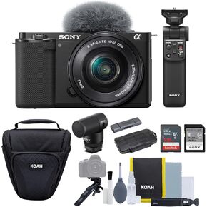 Sony Alpha ZV-E10 كاميرا VLOG بدون مرآة مع فيديو APS-C مستشعر 4K ، عدسة قابلة للتبديل ، حزمة شاشة Flip مع مجموعة المدونة ، حالة الكاميرا ، بطاقة SD 128GB ، قارئ البطاقات والملحقات (5 عناصر)