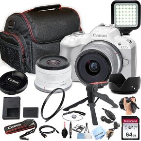 Canon EOS R50 24.2MP APS-C CMOS Sensor Mirrorless Camera with 18-45mm Lens + 64GB Memory, LED Video Light, Case, Gripster Tripod, and More (Essential Bundle) (White) (Renewed)