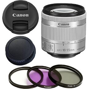 Canon EF-S 18-55mm f/4-5.6 IS STM Lens (White/Silver, New, White Box) with 3 Piece Filter Kit (Ultra Violet/Circular Polarized/Fluorescent) (Renewed), Black