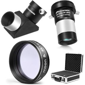 Astromania 1.25 Inch Telescope Eyepiece Case - Bundle with - 1.25 Inch 90 Degree Erecting Prism, Moon Filter, 3X Barlow Lens