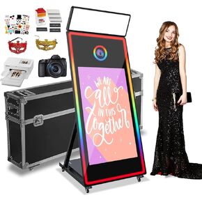 Magic Mirror Photo Booth with Camera and Printer Large Touch Screen Selfie Photo Booth with APP Remote Control Ring Light for Wedding Party Event (Black, Full Set 65-43in Mirror)