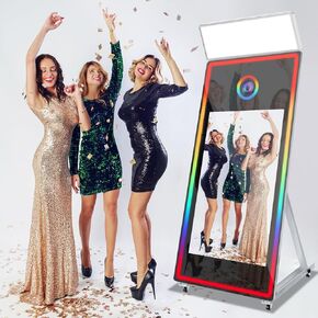 Mirror Photo Booth, Interactive Touch Screen Magic Mirror Photo Booth with Flight Case App & Remote Control WRGB Light for Wedding Party Events (White, 65-43in Mirror Photo Booth)