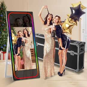 Magic Mirror Photo Booth with Interactive Touch Screen with Instant Print and Sharing with APP Remote Control Ring Light Flight Case for Wedding Party Event (Black, 65-32in Mirror + Fill Light)
