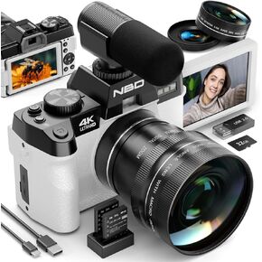 Digital Cameras for Photography,4K Vlogging Cameras for YouTube,Travel Point and Shoot Digital Cameras Fotograficas with 180°Flip Screen,16X Digital Zoom,52mm Macro Lens,2 Batteries（White）