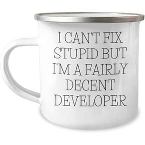 Developer Camping Mug - I Can't Fix Stupid But I'm A Fairly Decent Developer, Funny Quote Christmas Unique Gifts from Men to Coworkers