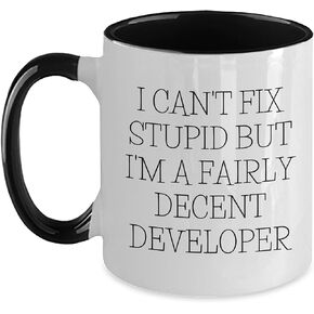 Developer's Humorous Christmas Unique Gift: I Can't Fix Stupid But I'm A Fairly Decent Developer Two Tone Coffee Mug, Gifts from Men to Friends, Gifts for Developer
