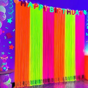 Aduck Glow in The Dark Party Supplies, Neon Party Decorations Foil Fringe Curtains with Tinsel Backdrop(2-Pack), Fluorescent Yellow/Orange/Pink Streamers for Photo Booth Birthday Decorations-6.6x6.6ft