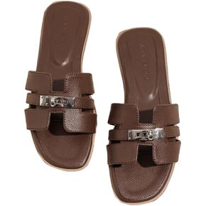Women's Flat Sandals Casual Slip On H-Band Slippers for Women Leather Dressy Square Open Toe Summer Beach Vacations Slides Sandals