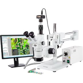 AmScope ZM-4TW3-FOR-8M Digital Professional Trinocular Stereo Zoom Microscope, EW10x and EW25x Eyepieces, 2X-225X Magnification, 0.67X-4.5X Zoom Objective, Fiber-Optic Ring Light, Double-Arm Boom Stand, 110V-120V, Includes 0.3x and 2.0x Barlow Lenses, 8MP