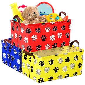 3 Pack Dog Paw Print Storage Baskets Bins Waterproof Canvas with Leather Handles Storage Bins Shelf Basket Organizer Box Collapsible Cute Dog Theme for Room Decor