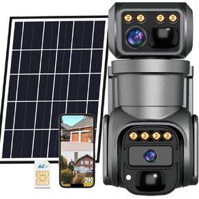 4G LTE Cellular Security Camera,No WiFi Cellular Security Solar Camera Outdoor, Dual Lens 360° View, 2K Color Night Vision,PIR Motion Sensor,2 Way Talk,IP66 Waterproof, Built in SIM