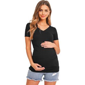 LaClef Womens V Neck Short Sleeve T Shirt Side Ruched Maternity Top