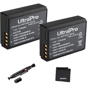 UltraPro 2-Pack LP-E10 High-Capacity Replacement Battery for Canon EOS Rebel T3, T5, T6, T7, 1100D, 1200D, 1300D, Kiss X50 and X70 Bundle Includes: Deluxe Microfiber Cleaning Cloth, Lens Cleaning Pen