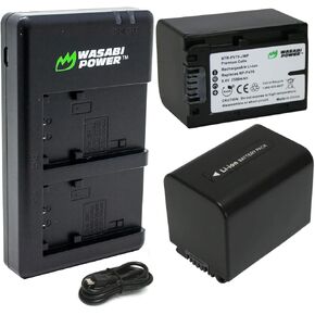 بطارية Wasabi Power (2 عبارة) وشاحن مزدوج USB متوافق مع Sony NP-FV70 و DCR-SR15 ، DCR-SX45 ، FDR-AX100 ، HDR-CX105 ، HC9 ، PJ30V ، TD20V ، XR550V ، HXR-NX3D1U ، NEX-EVG10 ،