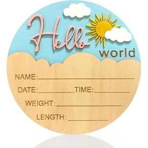 Baby Announcement Sign Hello World Newborn Sign Newborn Baby Birth Announcement Sign Wooden Newborn Photography Props Baby Shower Hospital Nursery 5.9 Inch (Sun Blue)