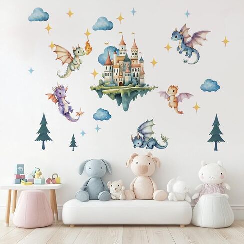 SUPERDANT Flying Dragon Wall Stickers Cartoon Castle Wall Decor Nursery Stickers Dragon DIY Vinyl Murals Peel and Stick Wallpaper Art Decals for Kids Room Playroom Livingroom Baby Room Decor in Saudi Arabia