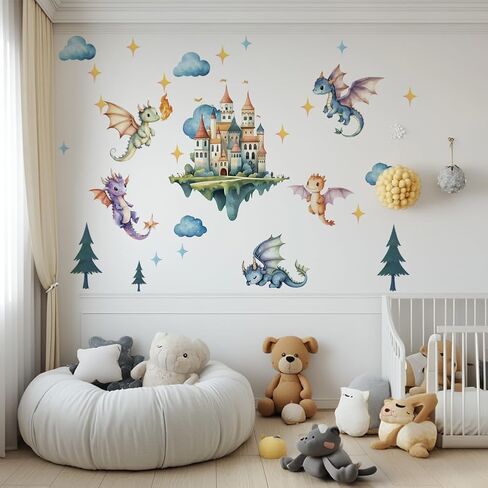 SUPERDANT Flying Dragon Wall Stickers Cartoon Castle Wall Decor Nursery Stickers Dragon DIY Vinyl Murals Peel and Stick Wallpaper Art Decals for Kids Room Playroom Livingroom Baby Room Decor in Saudi Arabia