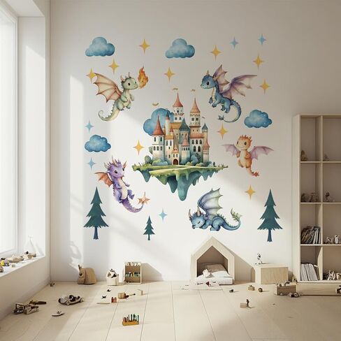 SUPERDANT Flying Dragon Wall Stickers Cartoon Castle Wall Decor Nursery Stickers Dragon DIY Vinyl Murals Peel and Stick Wallpaper Art Decals for Kids Room Playroom Livingroom Baby Room Decor in Saudi Arabia